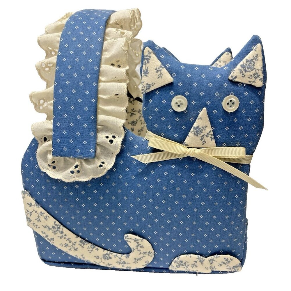 Vintage Handmade Quilted Cat Basket Patchwork Calico Kitty Music Box Lace OOAK
